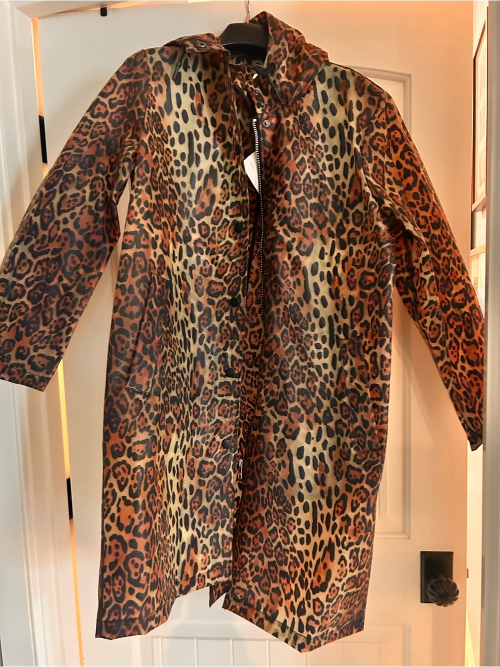 Jakke Leopard Print Hooded Trench Rain Coat